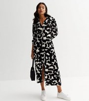 New Look Petite Black Abstract Collared 3/4 Sleeve Midi Dress